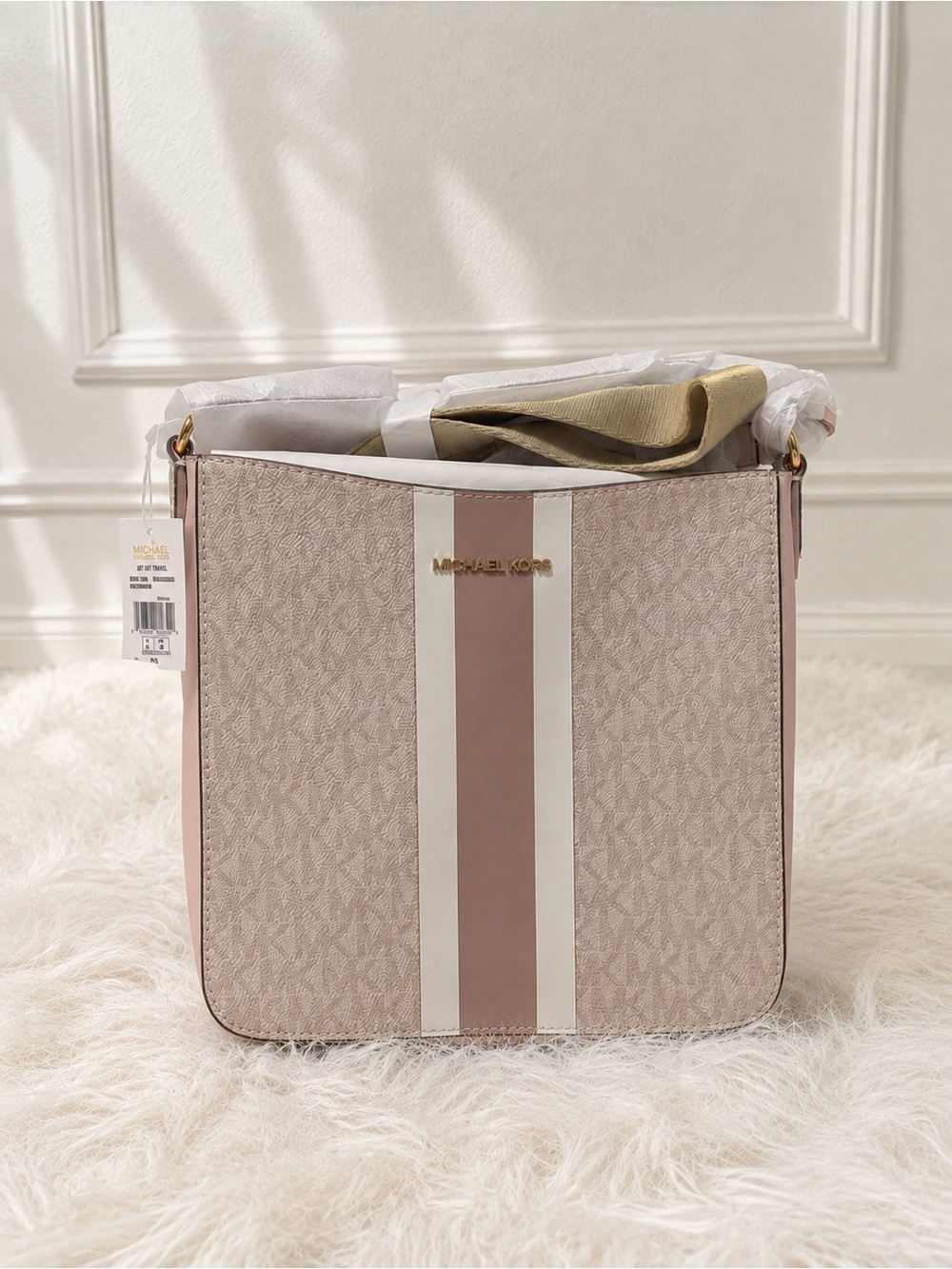 NWT Michael Kors Blush Jet Set Signature Logo Stripe Crossbody Bag